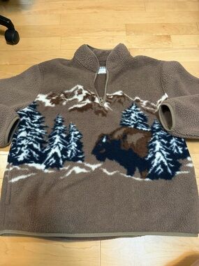 Brown Sherpa Pullover with Mountain & Bison Motif